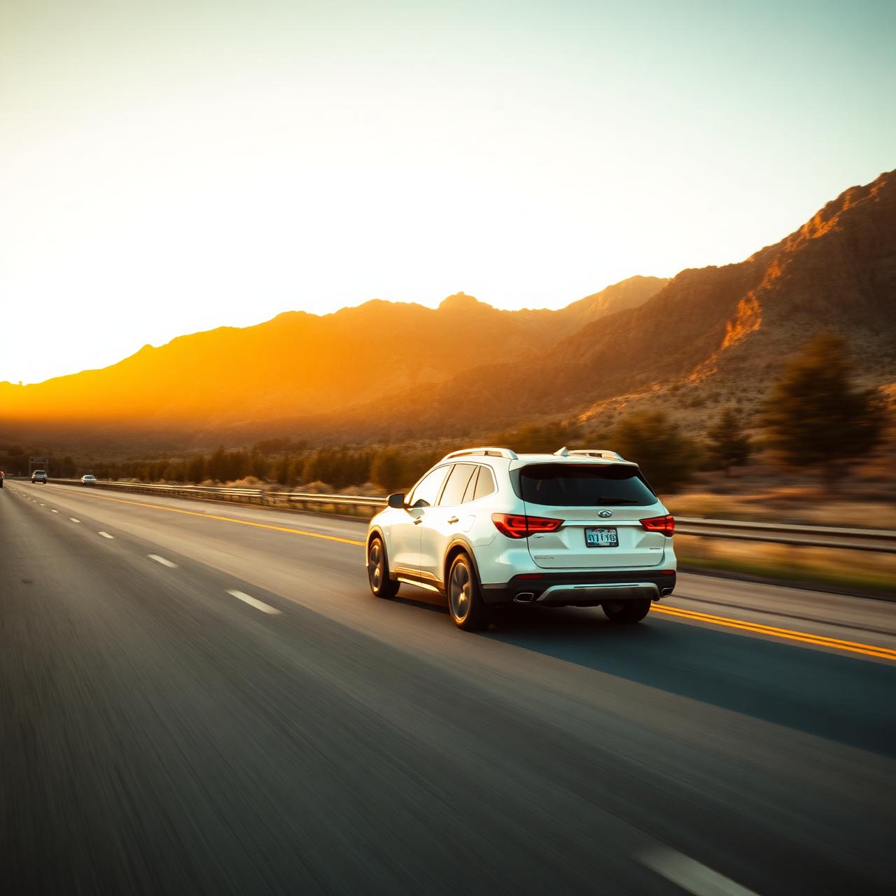 Modern SUV driving through an American highway during golden hour